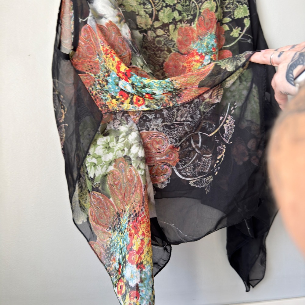 Boho Sheer Chiffon Poncho Top Womens One Size Black Floral Paisley Draped Blouse - Picture 13 of 16